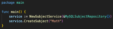 main() mengkoneksikan SubjectService dengan MySQLSubjectRepository